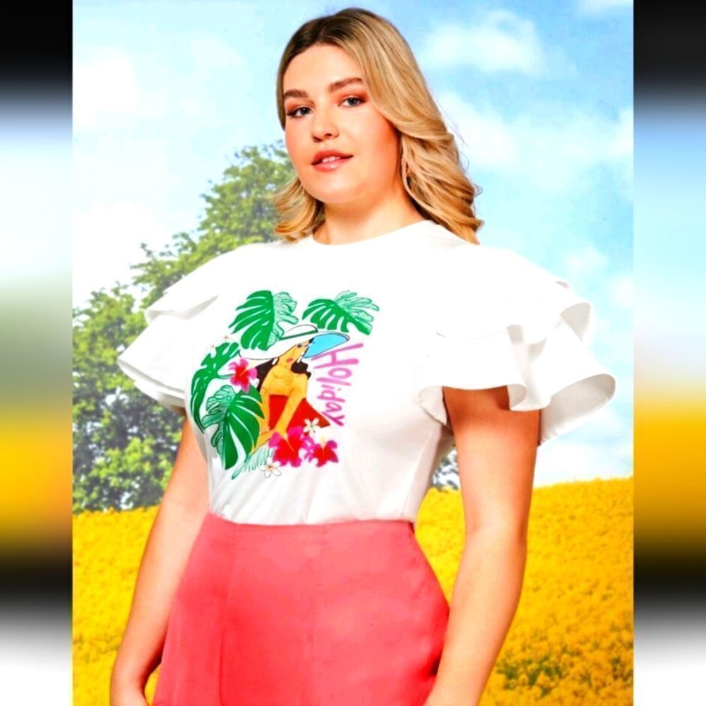 White Ruffle Sleeve Graphic Top